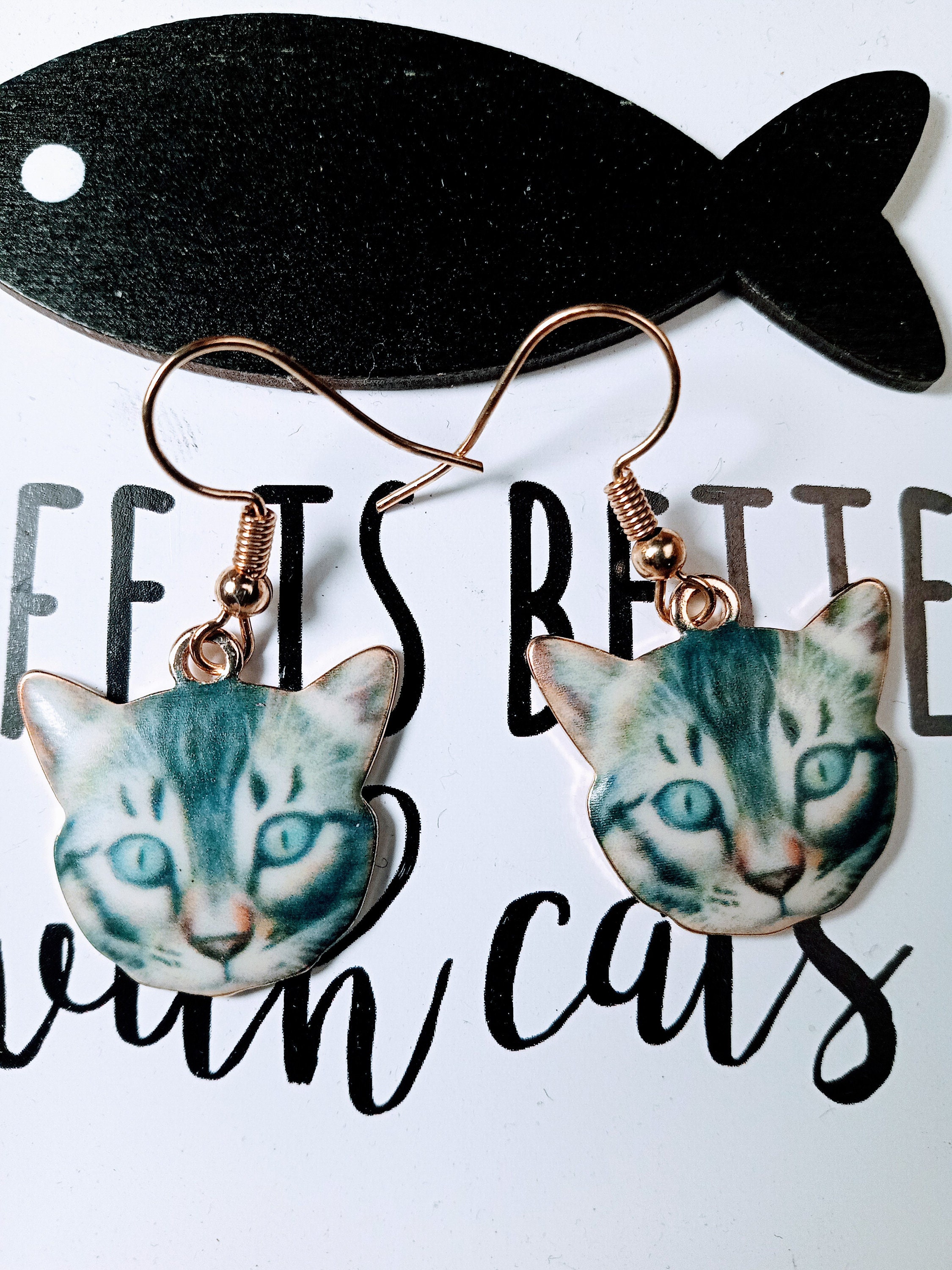Cat earrings cat head earrings realistic cat earrings gold Etsy
