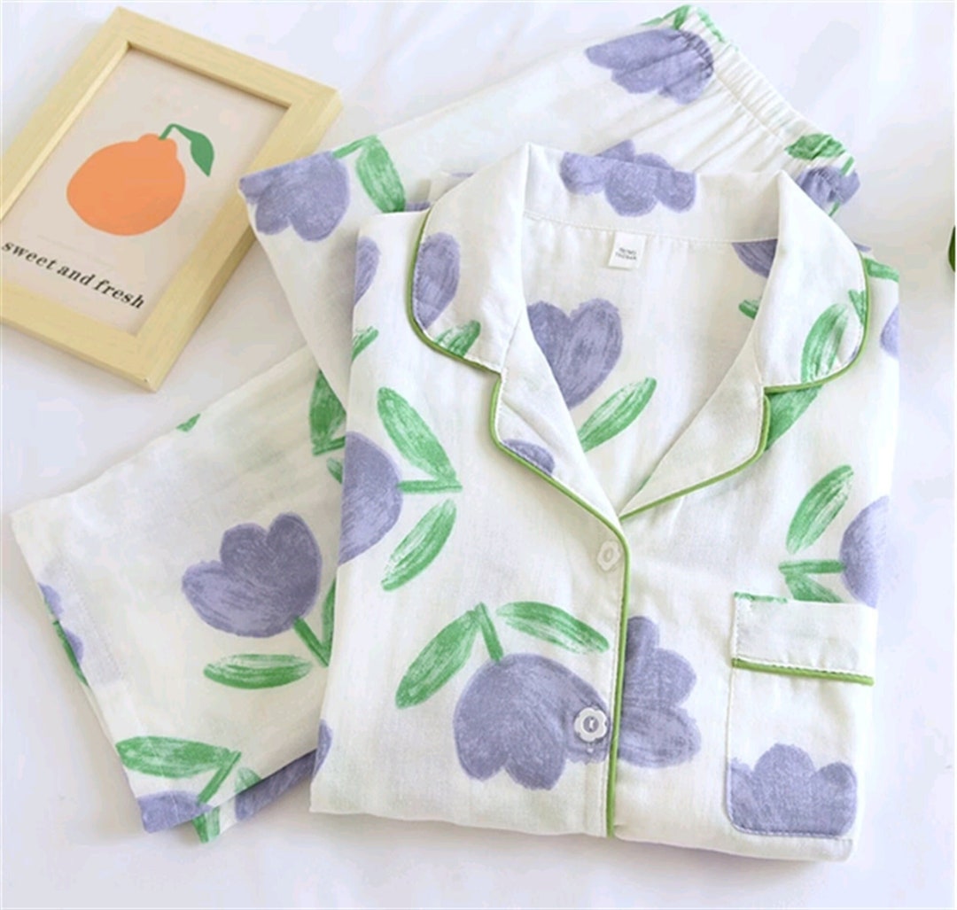 Tulip Print Cotton Pajamas Set, Fashion Woman Comfort Pajamas,long