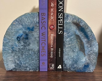 Light Blue Agate Bookends | Crystal Geode, Home Office Decor