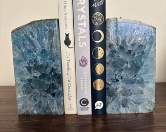 Rare Blue Agate Druzy Crystal Bookends | Centre-Cut Sparkling Geode Book Ends | Book Lover Gift | CrystalsMEOW
