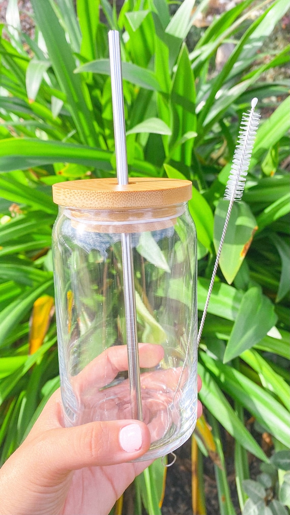 Reusable Glass Cup Glass Jar Bamboo Lids with Hole Straw for Mason