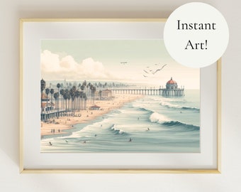 May include: A vintage-style illustration of a beach scene with a pier extending into the ocean. Palm trees line the shore, and people are enjoying the beach. The sky is a soft blue with white clouds.