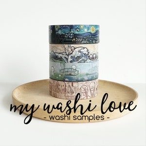 May include: A stack of four colourful washi tapes featuring famous paintings, including Starry Night, The Great Wave off Kanagawa, and a depiction of the Mona Lisa. The text "my washi love - washi samples -" is printed on a wooden surface below the tapes.