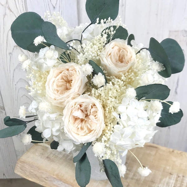 Bouquet de fleurs séchées et stabilisées, avec roses anglaises éternelles et hortensia stabilisée, bouquet de la mariée fleurs éternelles