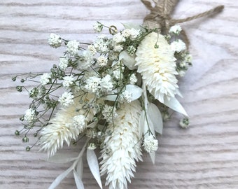 Boutonnière de mariage fleurs séchées avec phalaris écru, broche de mariage, bouquet de corsage, bijou fleuri, décoration champêtre