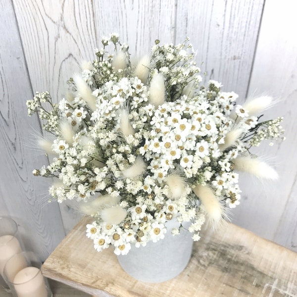 Bouquet de fleurs séchées, blanc romantique et délicat, décoration champêtre, Bouquet mariage fleurs séchées