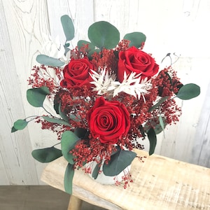 Preserved Dried Flower Bouquet &quot;Con Amore&quot; with Red Eternity Roses and Preserved Eucalyptus