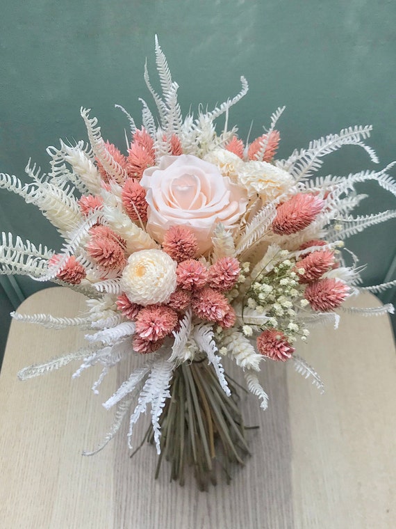 Bouquet of Vintage Pink Dried Flowers, With Eternal Rose and Small Dahlias,  Pink Phalaris, Floral Creation, Interior Decoration 