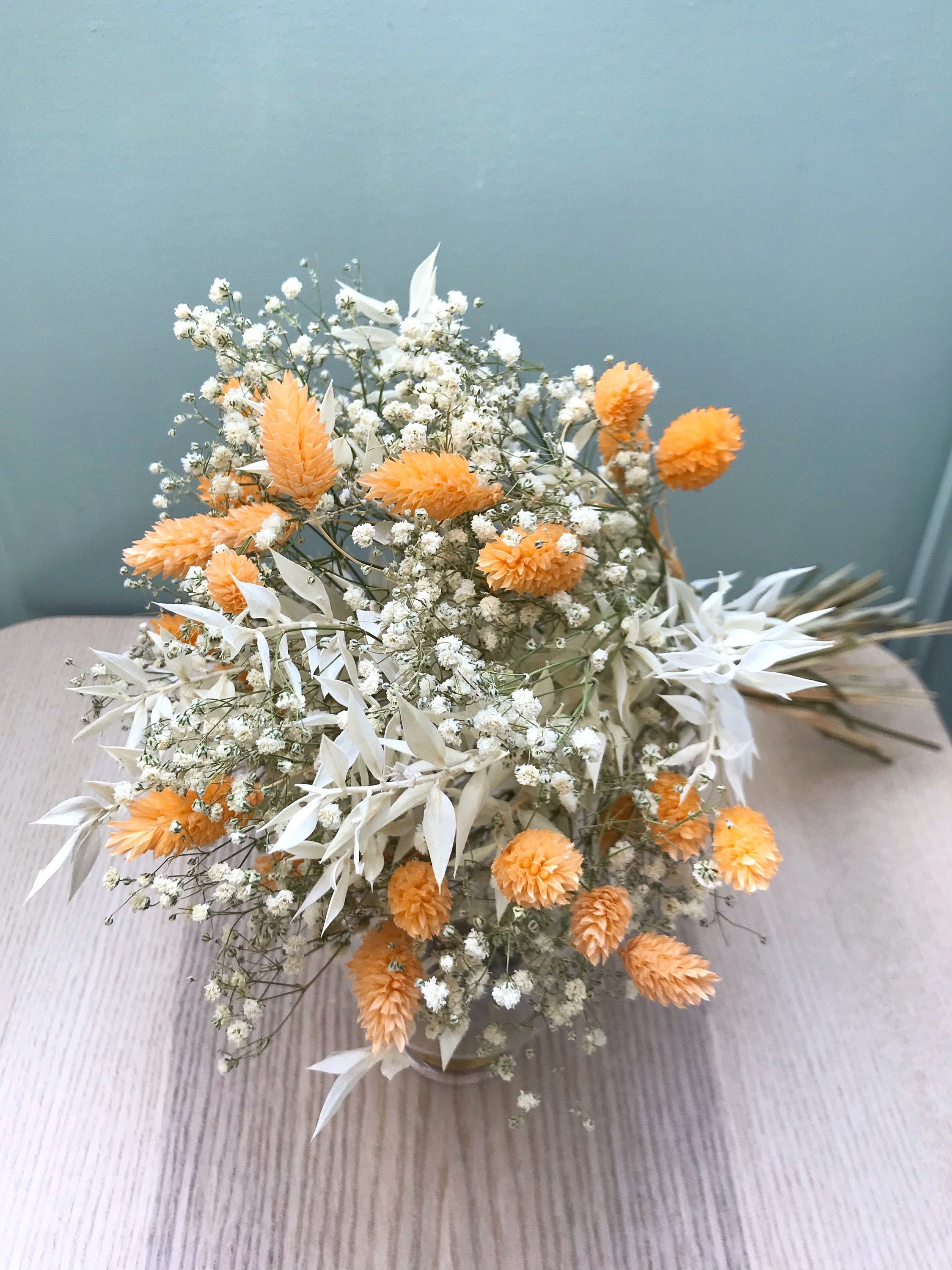 Bouquet de Fleurs Séchées Naturelles avec Gypsophile Blanche et Phalaris Pêche, Décoration Champêtre