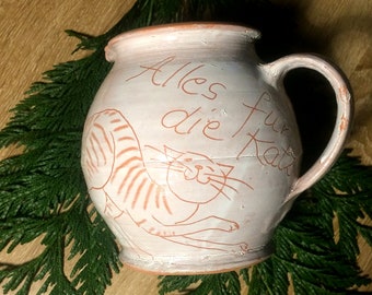 1.2 l hand-made jug, milk jug caster with handle, hand painting "Everything for the cat'"