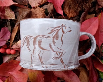 0.4 l horse cup light pottery coffee mug original hand drawing "horse", flat cup thin-walled, gift for horse fans