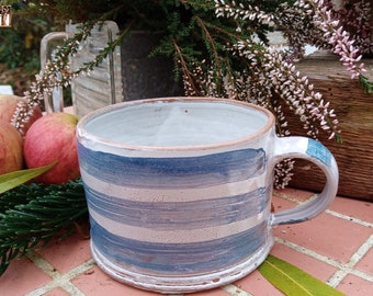 Flat Loft Coffee Mug 0.35 l Maritime Blue White Striped Striped Light Thin-walled Teacup Made by Professional Pottery Handle Cup Mug