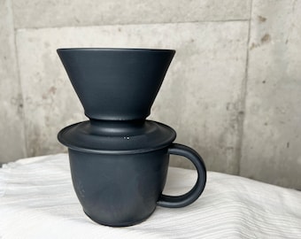 Ceramic Coffee Pour Over set Hand Made Stoneware, bevel bottom mug, black