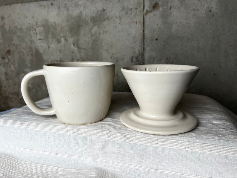 Ceramic Coffee Pour Over set Hand Made Stoneware, White image 2