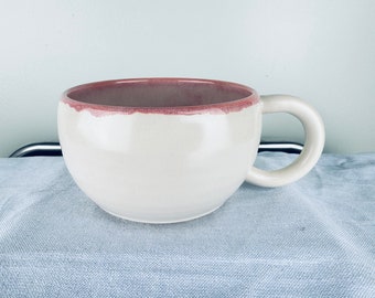Large Chili/Soup Mug, coffee mug, hand made stoneware, pink and white