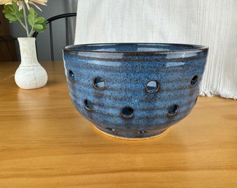 6” Berry Bowl Strainer Handmade Pottery Blue