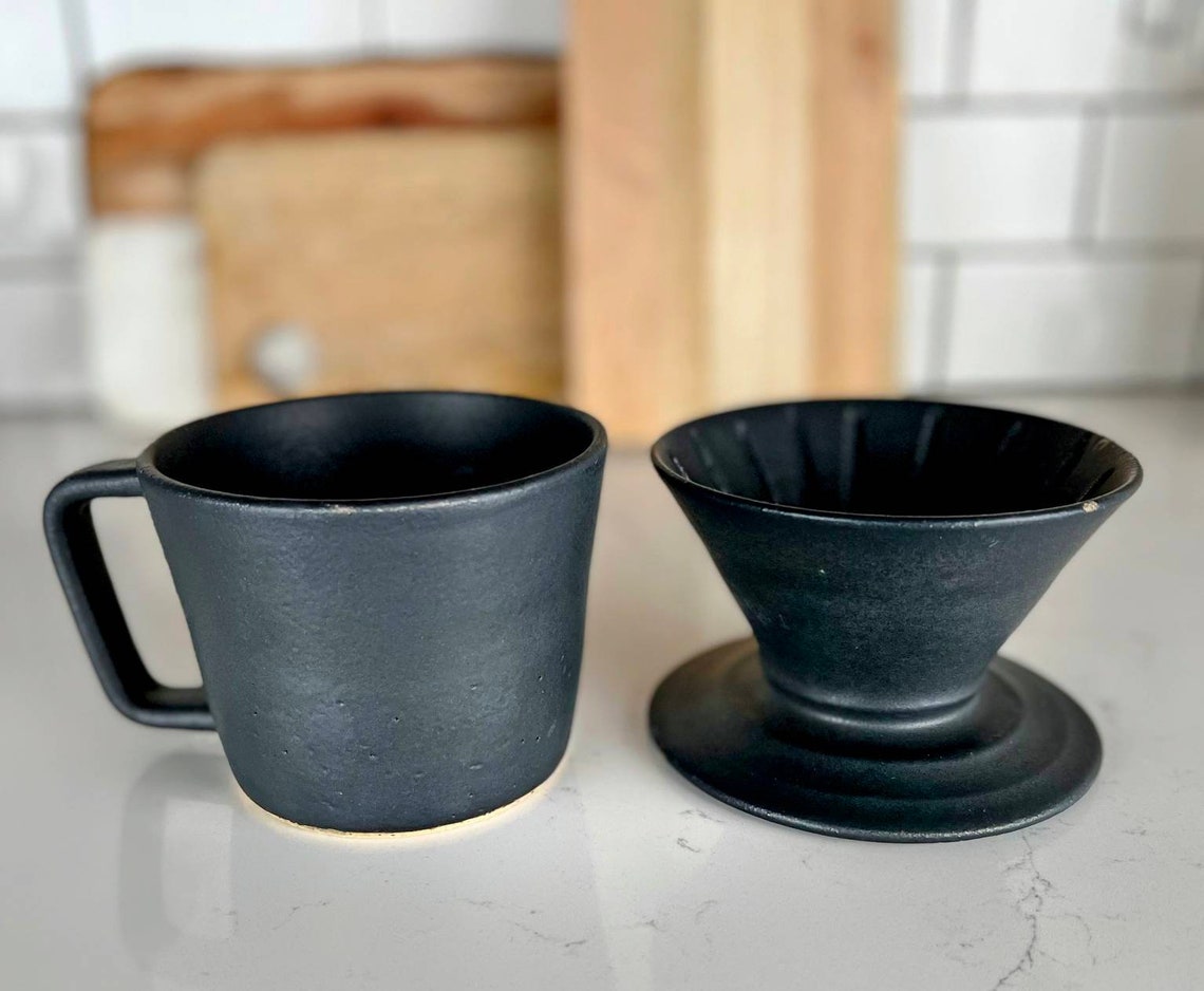 Ceramic Coffee Pour Over Set Hand Made Stoneware Black Etsy
