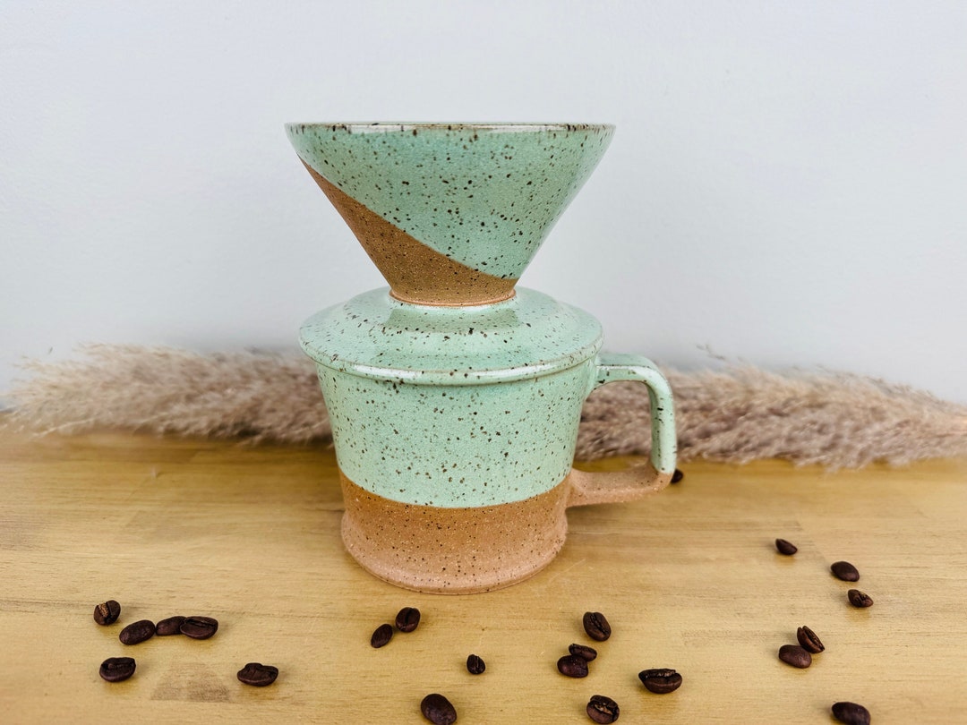 Ceramic 14 Oz Coffee Pour Over Set Hand Made Stoneware Green Etsy