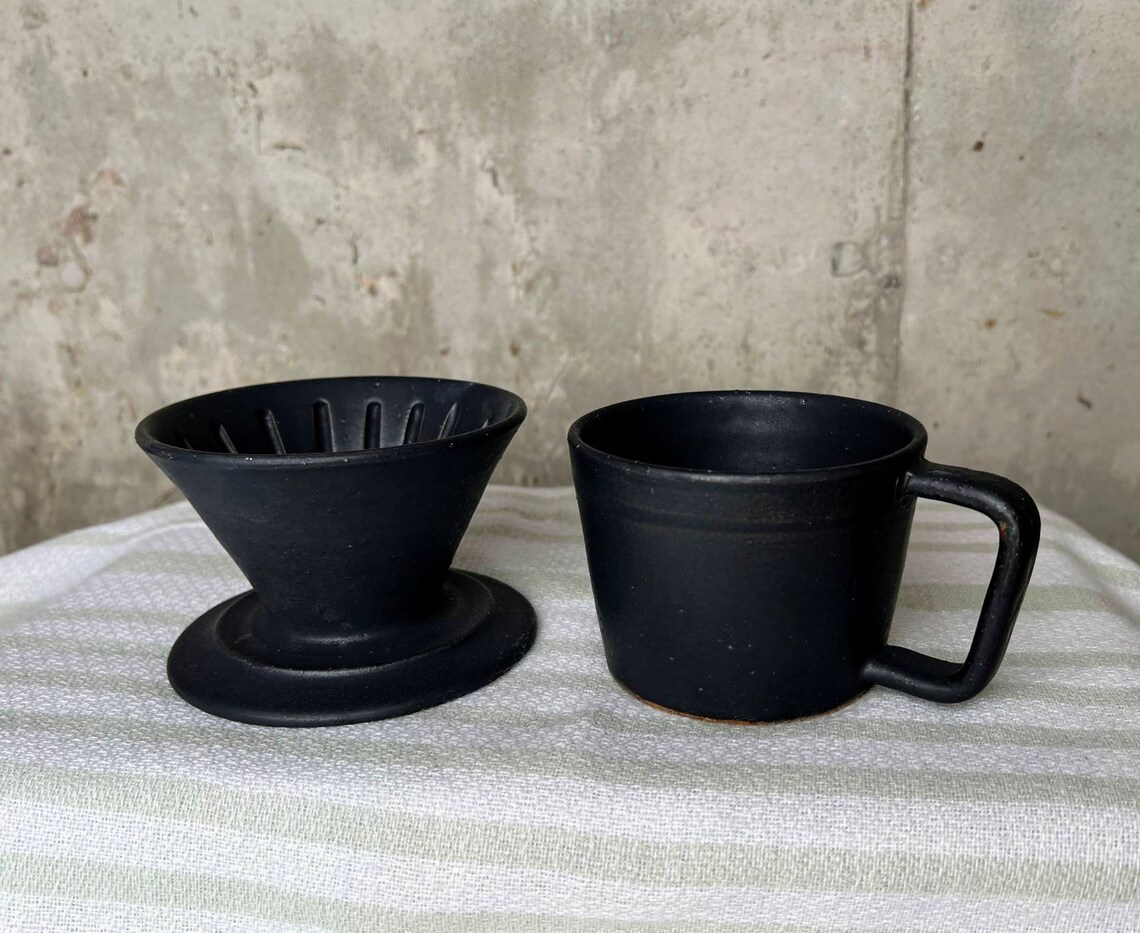 Ceramic Coffee Pour Over Set Hand Made Stoneware Black Etsy