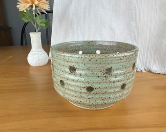 5” Berry Bowl Strainer Handmade Pottery Green Speckled