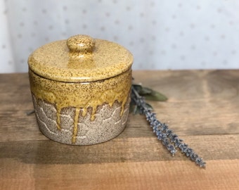 Drippy Yellow Speckled Honey Pot with Lid Hand Carved Honeycomb Detail Hand Made Stoneware