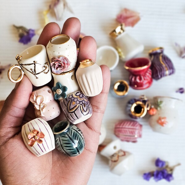 Handmade ceramic Mini vase Christmas ornaments with sculpting, carving and 22k gold detailing