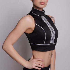 Short black top with reflective stripes, clothes for a party, women clothes
