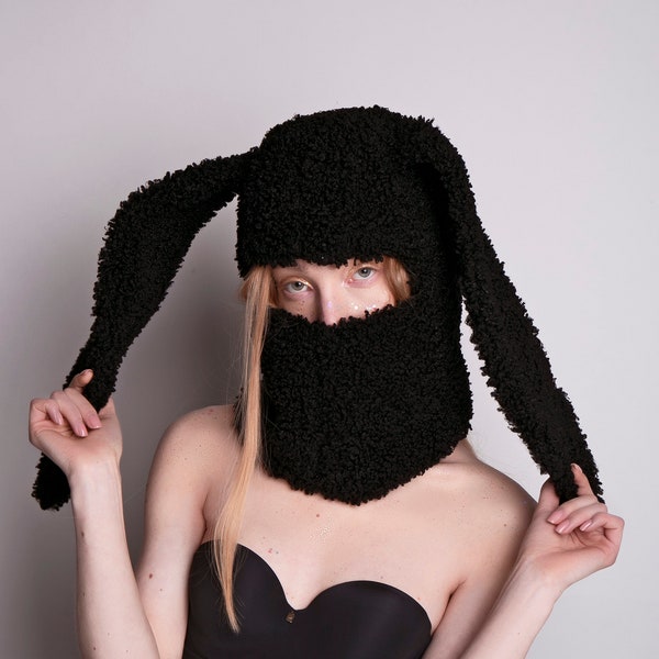 Black Bunny Tweed Art Balaclava Funny Rabbit Hat with Long Ears Ski Mask Style, Warm Winter Essential with Whimsical Design