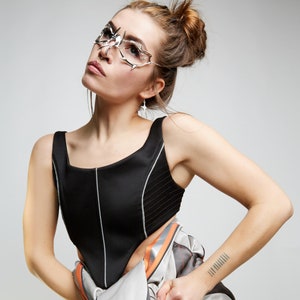 Women&#39;s Black Reflective crop top corset with ribbons Shirt Rave Mesh Zipper Space Age, Techno Glam Sci Fi Futuristic Trance Club Cyber