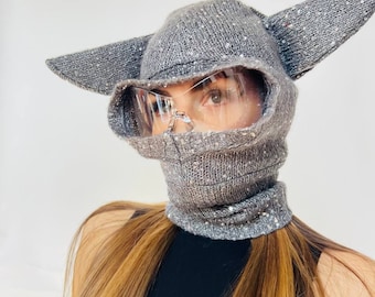 Gray Face mask, balaclava hat, winter full face mask for women, ski mask with bunny ears, face cover Upcycling Unique