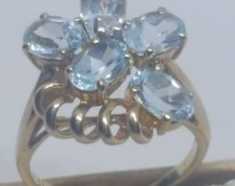 Vintage 10k solid gold natural earthmine diamond & blue topaz cluster ring