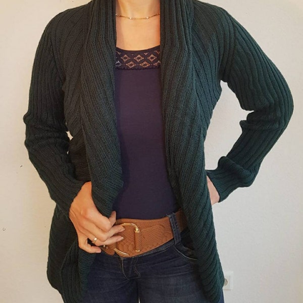 Rundstrickjacke aus Alpakawolle, dunkelpetrol, gestricktes Unikat