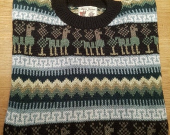 Unique sweater with pattern in alpaca wool, green tones, standard size M-L