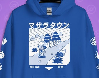 Pallet Town - Hoodie, Unisex Long Sleeve, Sweater, Graphic, Video, Game, Boy, Gaming, Pixel, 90s, Japan, Kanto, Trainer, Red, Blue