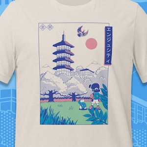 Bell Tower - Maglietta, Maglietta unisex a maniche corte, T-shirt, Grafica, Gioco, Ragazzo, Gaming, Giappone, Lucido, Johto, Oro, Argento, Cyndaquil