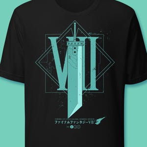 May include: Black t-shirt featuring a teal graphic of a large sword, the Roman numeral VII, and Japanese text. The design is set within a diamond shape. The shirt is made of a soft material.