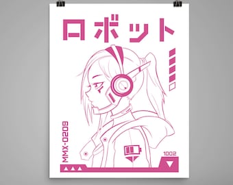 Cyberpunk Girl- Poster, Minimalist, Graphic Design, Wall Art, Black, Video, Game, Gaming, Anime, Japan, Women, cyber, punk, manga