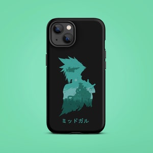 May include: Black phone case with a green silhouette of a character from the video game Final Fantasy VII. The text "ミッドガル" is printed in Japanese at the bottom of the case.