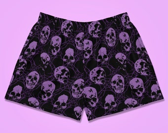 Purple Skulls - Shorts, All Over, Women, Black, Halloween, Purple, Kawaii, Spooky, Cute, Pastel Goth, Spiders, Webs