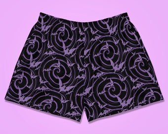 Swirly Bats - Shorts, All Over, Women, Black, Halloween, Purple, Kawaii, Spooky, Cute, Pastel Goth,