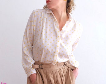 Vintage blouse 70s; Made in Yugoslavia; Retro polka dot women's blouse; sustainable vintage clothing; unique; yellow/white dots; Rockabilly