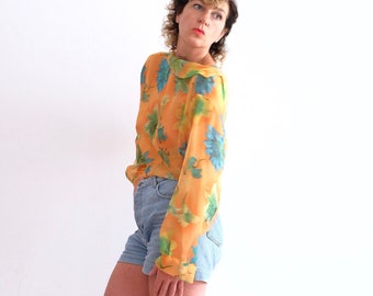 Vintage 90s mesh/chiffon blouse with orange-green-turquoise floral pattern; oversized; retro; sustainable, rave; festival; flower power, unisex