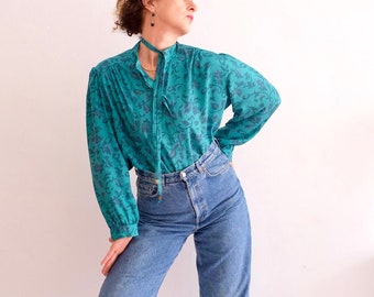 Vintage blouse 90s turquoise green floral pattern; Puff; shoulder-hugging; retro style; Oversized; sustainable vintage clothing; Unisex; Unique