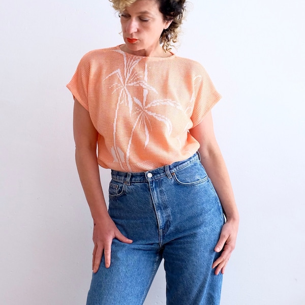 Vintage 80s Strickshirt mit Palmenmotiv; Karibik; lässiger Sommerpulli; Retrostyle; Vintagekleidung; nachhaltig; Unikat;