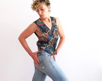 Vintage Anzugweste 90s mit arty Print und Satinglanzpunkten; Retro Weste; nachhaltige Vintagekleidung; Unikat; Unisex;
