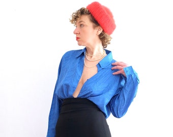 Blue satin glossy 90s blouse; Oversized Fit; sustainable vintage clothing; unique; floral-satin jacquard; Unisex; Boho;