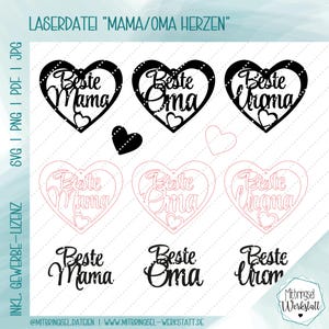 Könnte beinhalten: Ein digitales Design mit den deutschen Wörtern "Beste Mama," "Beste Oma" und "Beste Uroma" in Herzformen. Das Design umfasst SVG-, PNG-, PDF- und JPG-Formate, mit dem Text "LASERDATEI 'MAMA/OMA HERZEN'" oben.