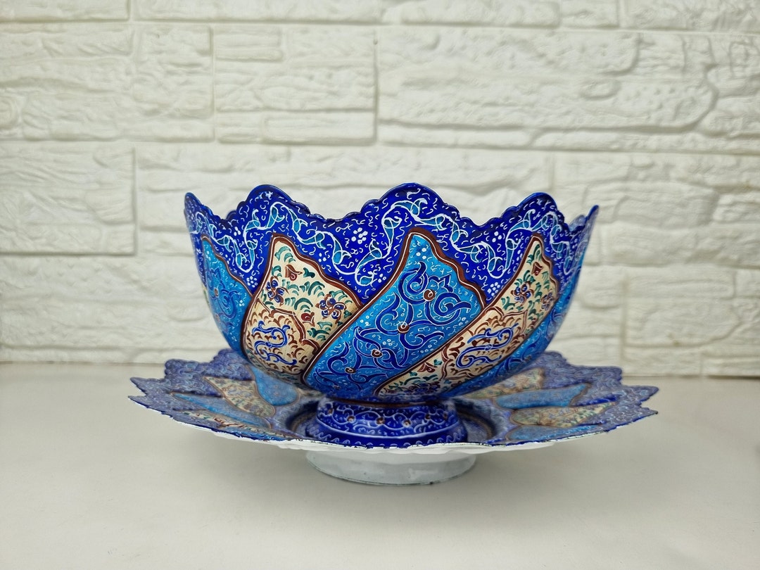 minakari-bowl-plate-set-copper-decorative-blue-bowl-plate-fruits