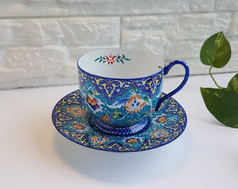 Minakari Tea Cup and Saucer, Metal Handmade Coffee Mug, Tea Espresso Cup and Saucer Set, Flower Tea Cup, Persian Art,Tea Cup Home Decoration