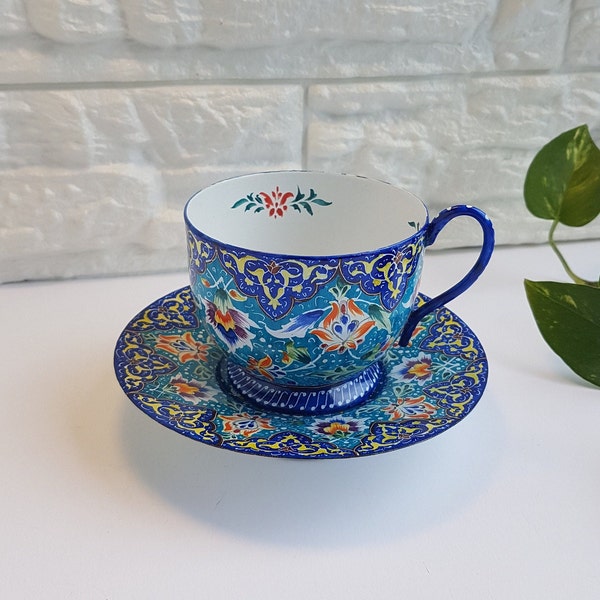 Minakari Tea Cup and Saucer, Metal Handmade Coffee Mug, Tea Espresso Cup and Saucer Set, Flower Tea Cup, Persian Art,Tea Cup Home Decoration